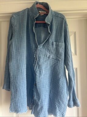 Natural Reflections Light Blue Crinkled Button-Up Shirt Jacket